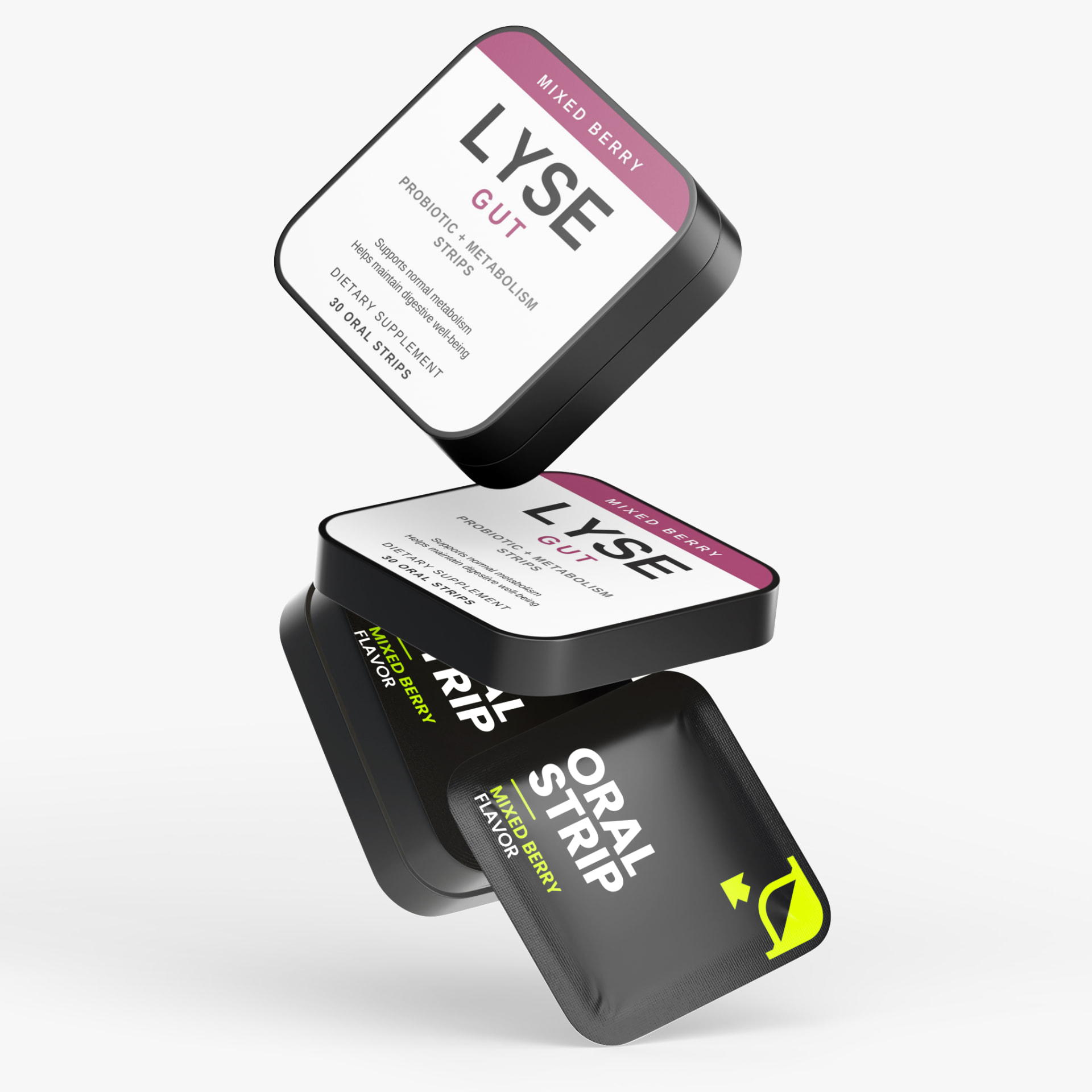 LYSE Gut tin with lid lifted and Mixed Berry oral strip packets